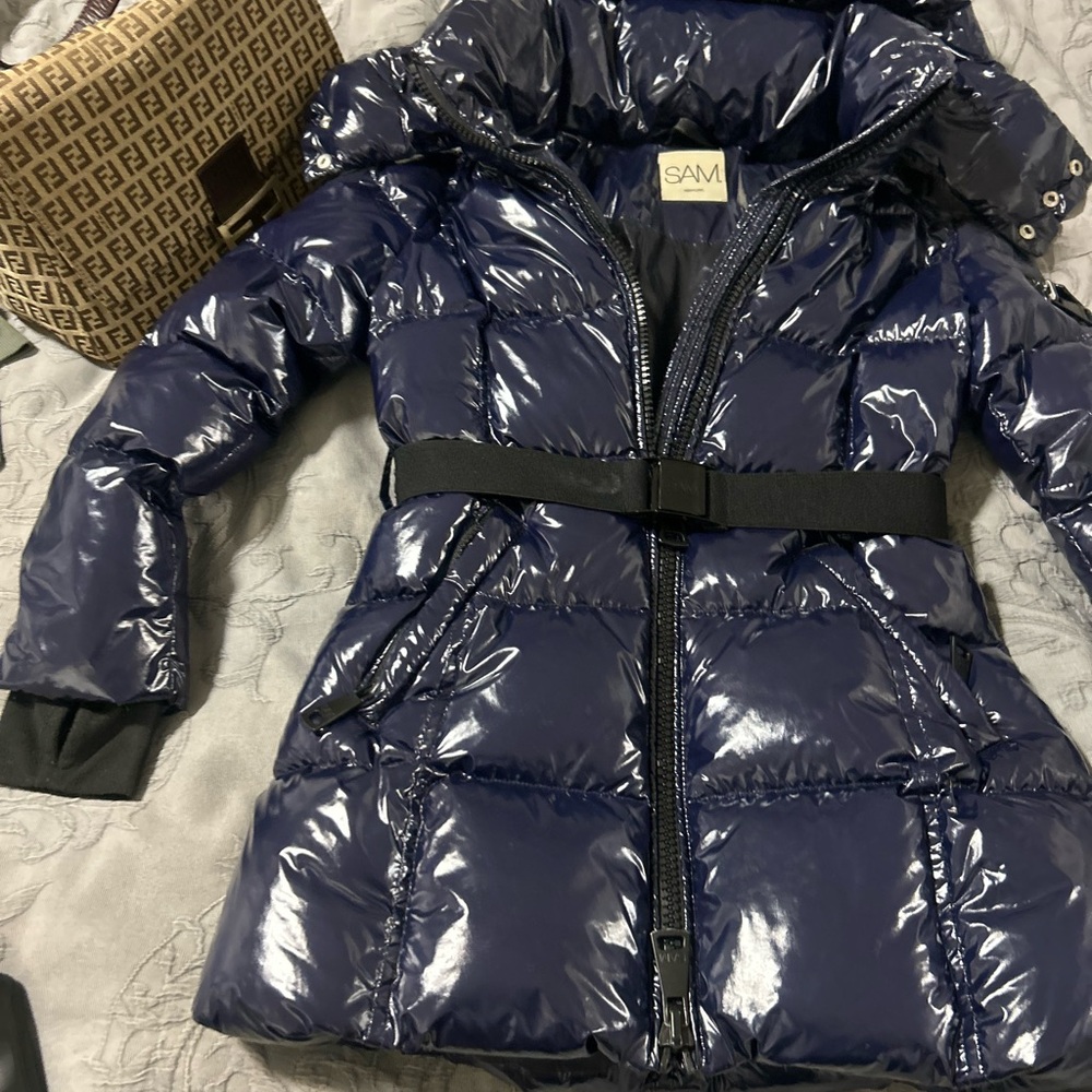 SAM. Glossy Blue Belted Puffer Jacket